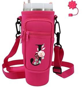 Water Bottle Carrier with Strap for Stanley 40 oz Tumbler, Personalized Initial ID Name Stanley Bag with Phone Pocket, Adjustable Strap, Stanley Cup Accessories (J, Hot Pink)