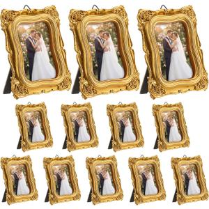 Vicenpal 12 Pcs Gold Tiny Picture Frame 2.5 x 1.6 Inch Small Vintage Oval Picture Frames Stylish Vintage Baroque Ornate Antique Resin Oval Table Display for Home Wedding (Antique Style)