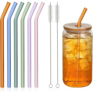 6 Pcs Reusable Bent Glass Drinking Straws,9''x10 mm Colorful Glass Straws for Beverages, Shakes, Milk Tea, Juices,Set of 6 Bent with 2 Cleaning Brushes -Shatter Resistant
