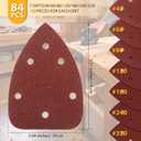 84Pcs Mouse Detail Sander Sandpaper, 6 Holes Triangle Sanding Pad 40/60/80/120/180/240/320 Grit Assorted, Hook and Loop Sandpaper Compatible with WEN 6301/Ryobi/Dremel Palm Sander