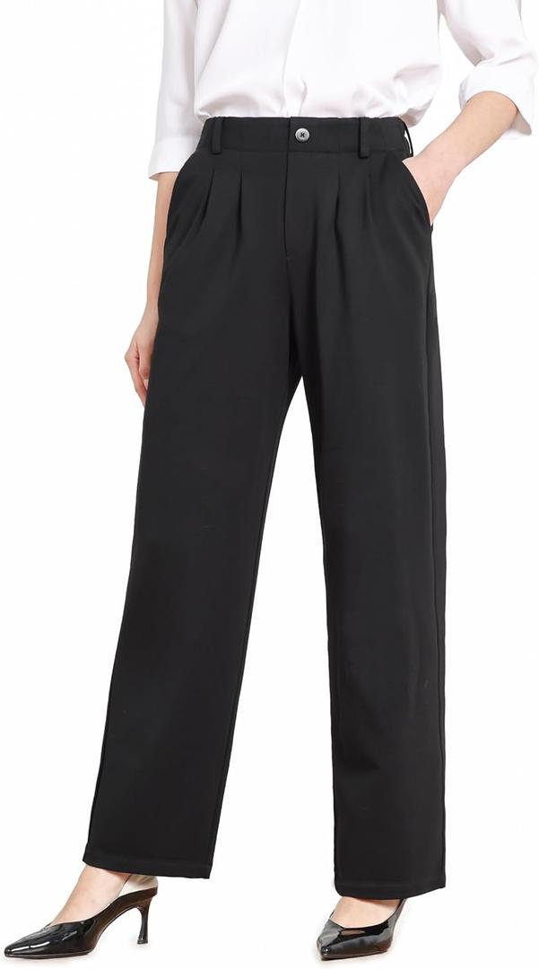 Bamans Dress Pants for Curvy Women Wide Leg Work Business Office High Elastic Waisted Casual Slacks Trousers with Pocket (Small, Black)