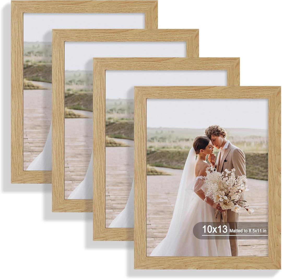Hongkee 10x13 Picture Frame Set of 4, Made of Real Glass and Natural Oak Frame, 10 by 13 Photo for Wall or Tabletop - Display Picture 8.5x10 with Mat or 10x13 Without Mat