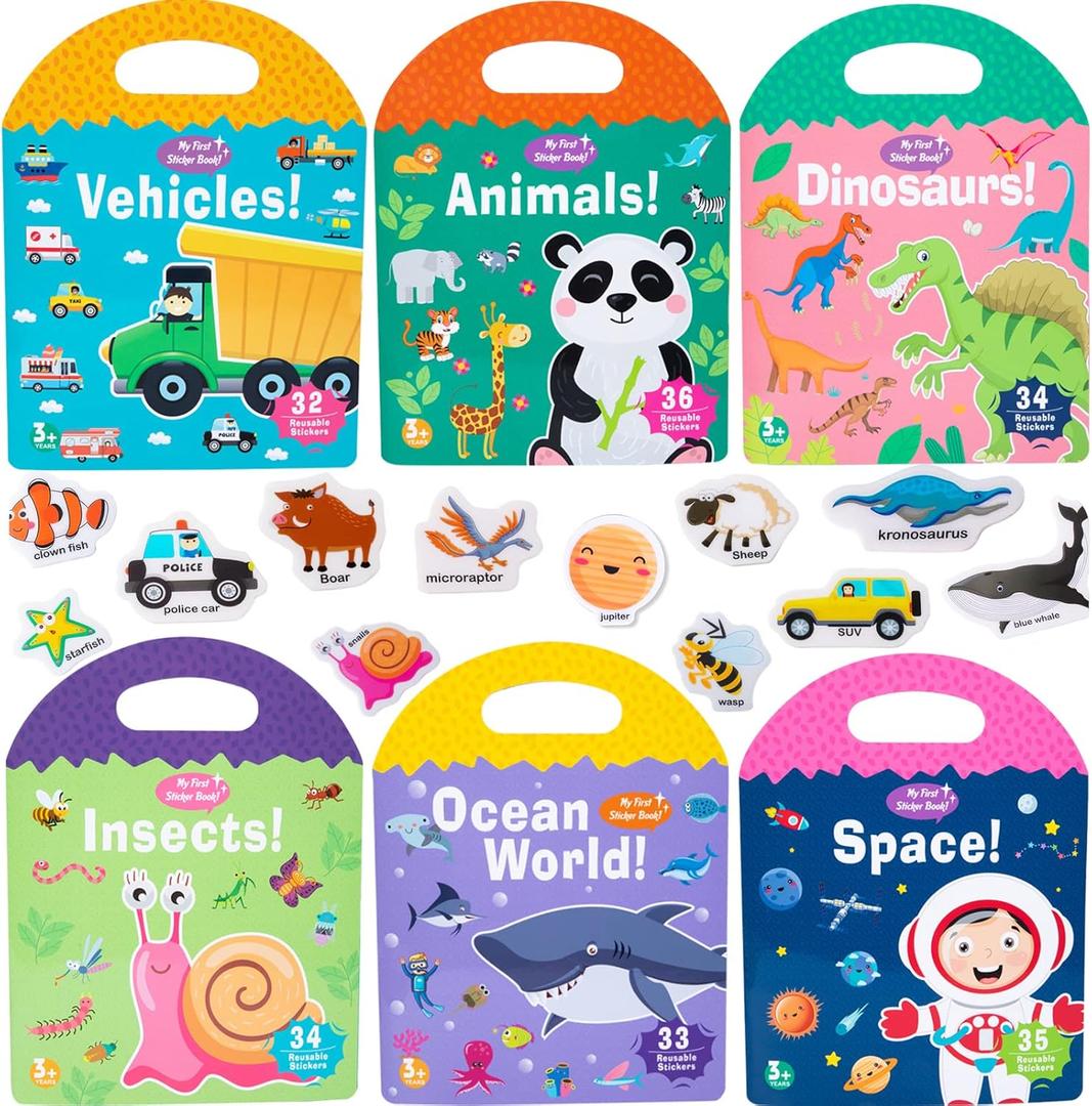 6 Pack Jelly Reusable Sticker Books for Toddlers 1-3 2-4 Years, Portable Travel Toys Sticker Activity Book for Kids 2 3 4 Year Old Girls Boys, Animal Insect Dinosaur Ocean Space Car