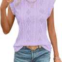 SHEWIN Women's Summer Tops Casual Crewneck Cap Sleeve Shirts Lightweight Crochet Knit Texture Tank Top Blouses (Large, Purple)
