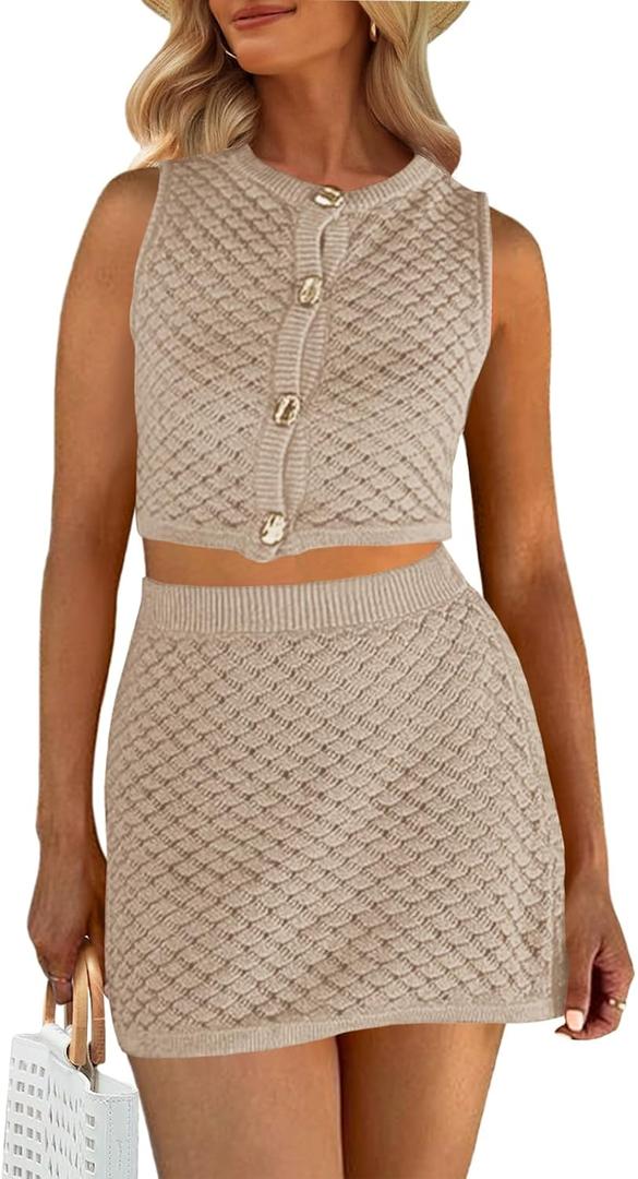 Fisoew Womens Crochet Swimsuit Cover Ups 2 Piece Sleeveless Button Down Crop Tops Mini Skirt Sets Beach Vacation Outfits (Small, Light Khaki)