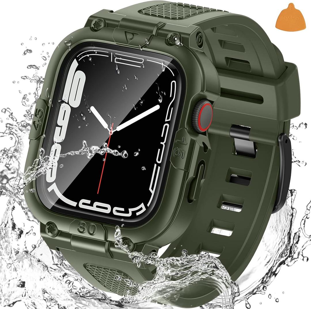 Goton 3 in 1 Waterproof Case with Band for Apple Watch with Built-in Tempered Glass Screen Protector 41mm, 360 Shockproof Bumper Face Cover with Band for Apple Watch Series 9/8/7, 41mm (Green)