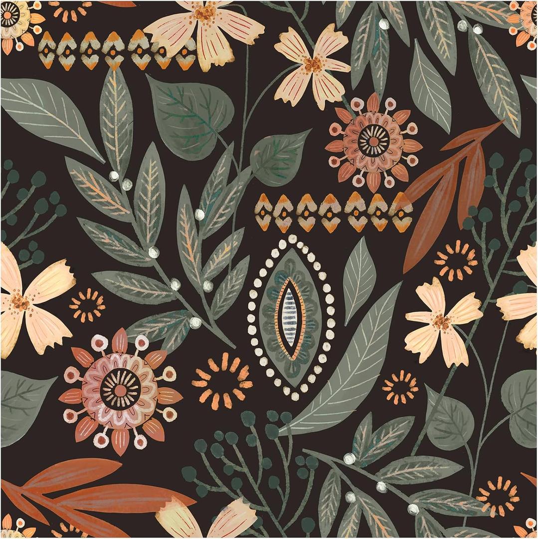 Floralplus Peel and Stick Wallpaper Boho Dark Floral Wallpaper for Bathroom Renter Friendly Wallpapers Boho Vintage Leaf Contact Paper for Bedroom Removable Wall Mural 17.5 x 118 in (Black)