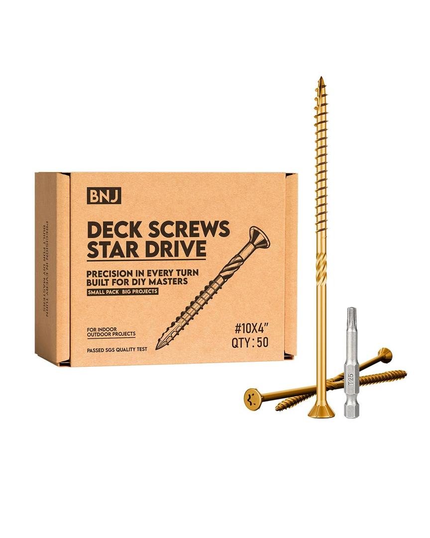 BNJ 50pcs #10 x 4 Inch Wood Screws,T25 Star Drive, 4 inch Deck Screws,Rust Resistant Epoxy Coated Home Repair Screw Set, Heavy-Duty Long Screws