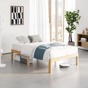14 Inch High Bamboo Wood Twin Bed Frame Platform, Metal Slat Support Bed Frame Twin, No Box Spring Needed, Easy Assembly, Noise Free, Reinforced