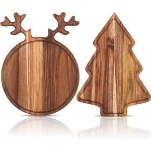 Umigy 2 Pcs Christmas Charcuterie Boards Christmas Tree Wooden Cutting Board with Handle Antler Acacia Wood Cute Cutting Board for Cheese Fruit Bread Salad Vegetables Snack Dessert