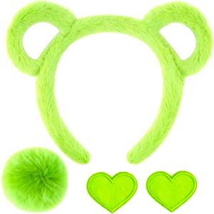 4-Piece Plush Bear Costume Set  Fuzzy Ears Headband, Pom Tail & Felt Heart Patch for Dress-Up, Parties & Cosplay (Green)