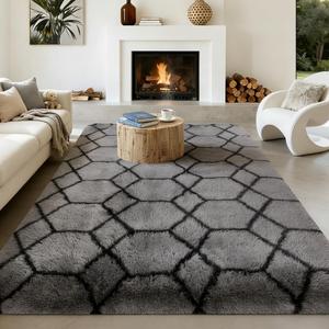 8x10 FT Soft Rug for Living Room, Geometric Shag Soft Area Rug, Classic Rug Anti-Skid High Pile Fluffy Carpet for Kids Room Nursery, Dorm Home Decor