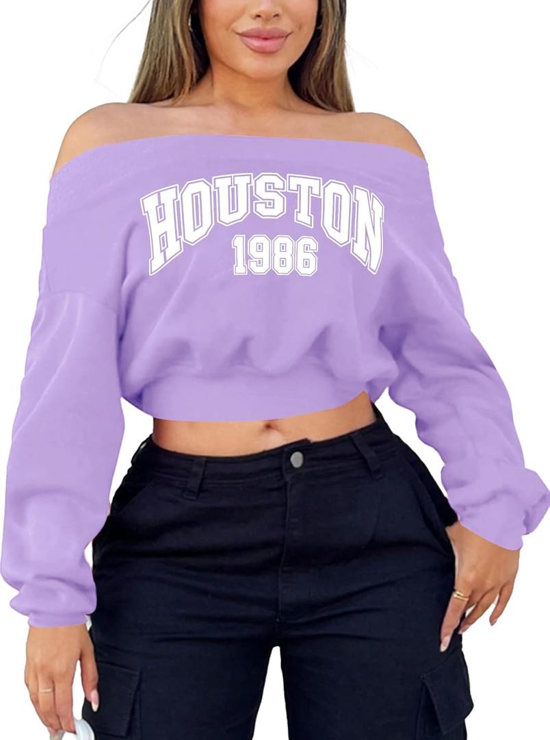 LovelyWholesale Women Off the Shoulder Sweatshirt Graphic Crop Tops Long Sleeve Shirts Neon Pink Medium (Pink, M)
