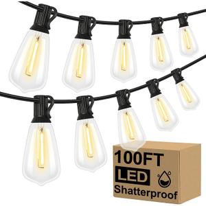 Brightever LED Outdoor String Lights 100FT Patio Lights with 52 Shatterproof ST38 Vintage Edison Bulbs, Outside Hanging Light Waterproof for Porch, Deck, Garden, Backyard, Balcony, Dimmable 2700K (100FT-Warm White, Black Wire)