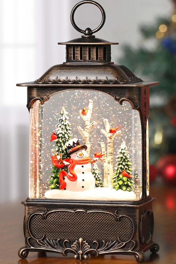 Blansong Snowman Snow Globe Lantern Christmas Decorations Gifts Auto Snowfall Glitter Music Collection Snowman Cardinal Birch Forest with 6H Timer USB/Battery Powered 10.2 inch