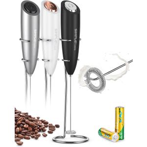 SIMPLETASTE Milk Frother Handheld Electric Foam Maker, Drink Mixer with Stainless Steel Whisk for Cappuccino, Bulletproof Coffee, Latte, Black, with Stand, Battery Operated