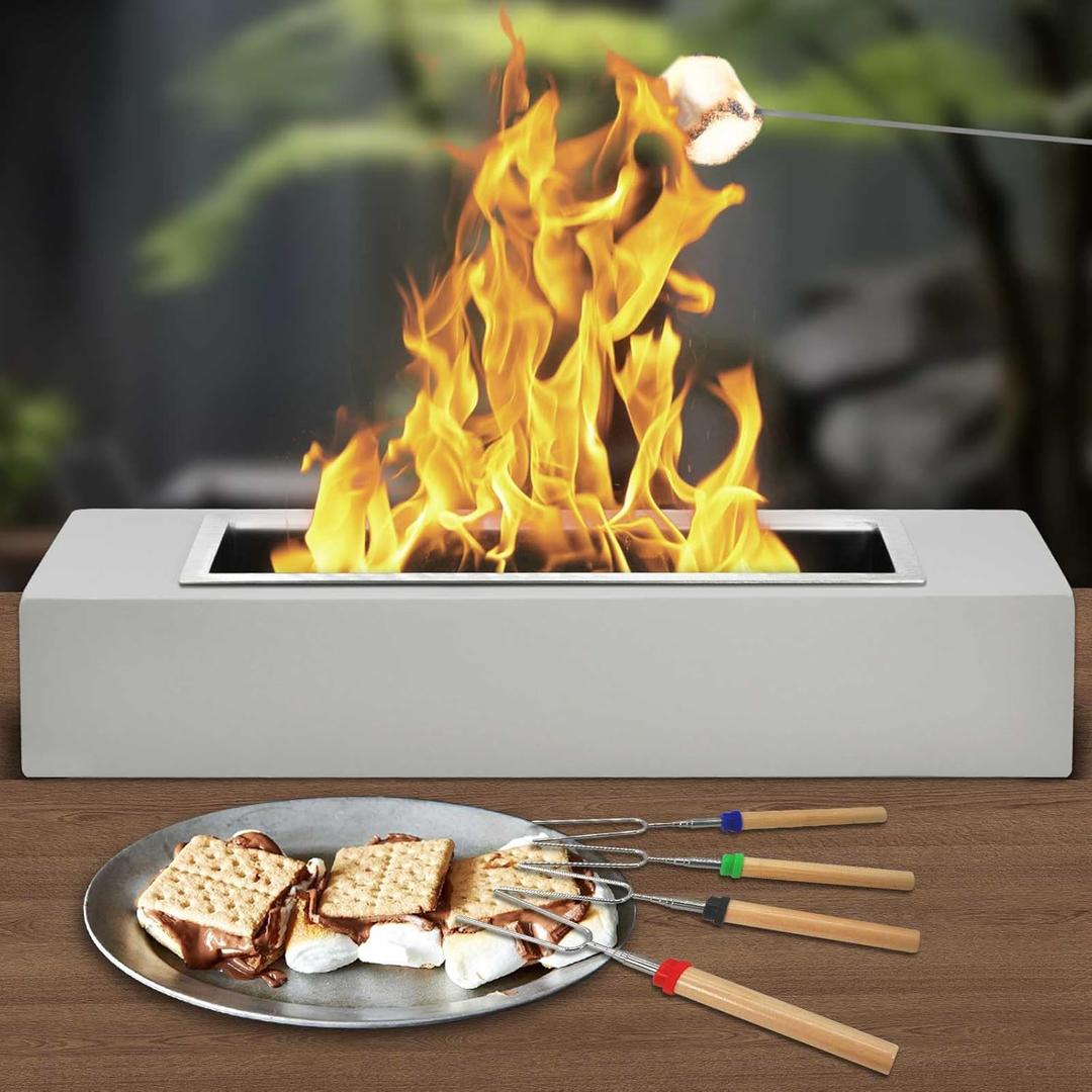 Zhenx 18" L Rectangle Tabletop Fire Pit with 4 Roasting Sticks, Indoor Outdoor Concrete Table Top Fireplace, 18 Inch Rectangular Desktop Stove, Large Size Clean Burning Fire Pit for Outside-Grey