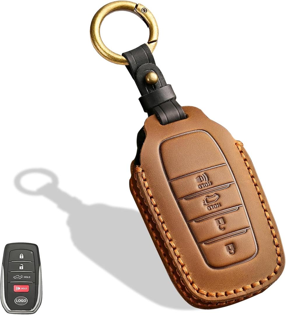 Leather Key Fob Cover, Compatible with Toyota Tundra Corolla Cross Venza Sequoia Highlander Avalon Corolla RAV4 Camry C-HR Prius, No Screw Design Key Holder Protector(4 Button, Brown)