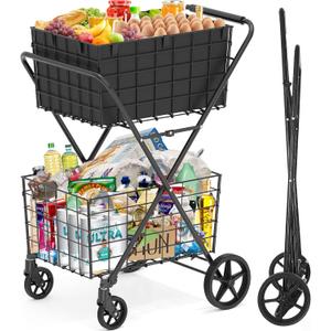 2-Tier Extra Large Collapsible Grocery Cart On Wheels, 400lbs Shopping Cart for Groceries with 2 Removable Baskets, Waterproof Liner, Heavy Duty Foldable Shopping Utility Cart for Seniors