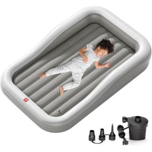 QPAU Inflatable Toddler Travel Bed with 3-Sided Safety Bumpers, Extra Large Kids Air Mattress, Includes Fast Electric Pump & Detachable Mattress, Portable for Camping, Travel, Home Use (Grey)