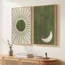 Framed Green Boho Wall Art Bedroom, Set of 2 Abstract Mid Century Modern Sun and Moon Canvas Artwork for Walls, Bohemian Paintings Prints Pictures Wall Decor Living Room Home Office, 16x24 Inch