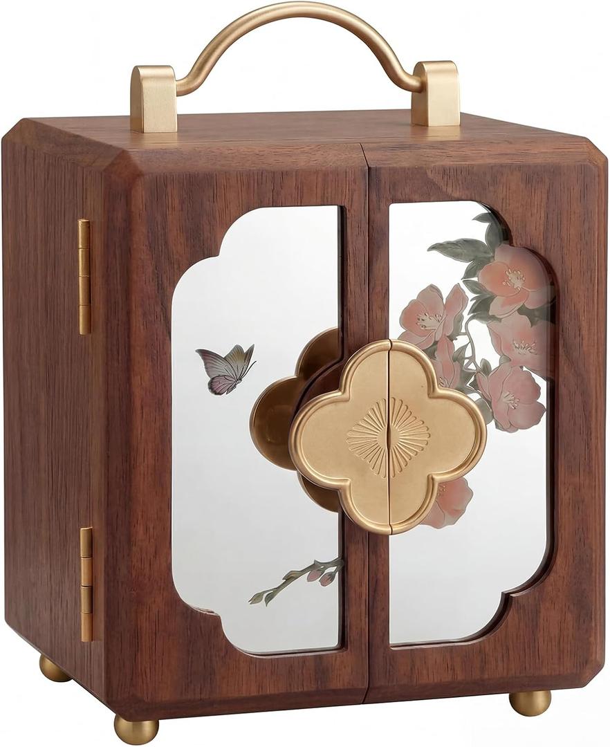 Novabright Black Walnut Jewelry Box 4 Layers of Storage Wooden Jewelry Organizer with Brass Handle and Mirrored Flowers Double Door Design for Earring Ring Necklace Bracelets Watches
