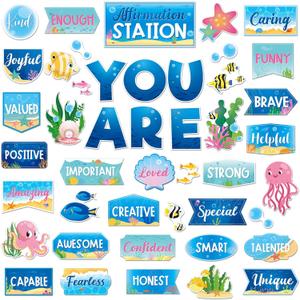 45 Pcs Ocean Affirmation Station Bulletin Board Set Motivational Posters Classroom Mirror Growth Mindset Decor Positive Affirmations Accents Cutouts for School Office Home Teacher Wall