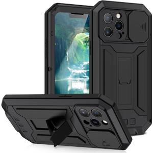 iPhone 13 Metal Case with Screen Protector Kickstand Camera Slide Cover - Heavy Duty Military Sturdy Armour Shockproof for Man (Black)
