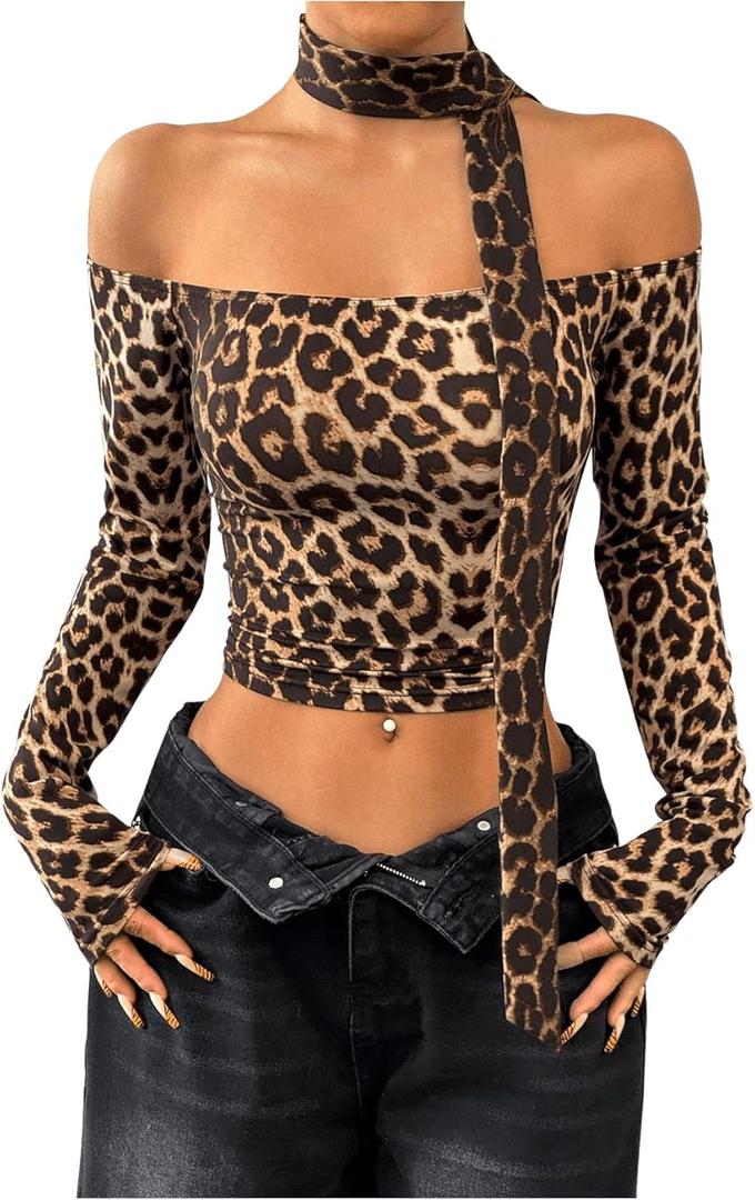 Milumia Women Leopard Print Off Shoulder Long Sleeve Crop Tops with Scarf (Large, Brown)