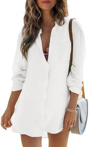 Womens Beach Cover Up Button Down Shirts Summer Cotton Gauze Tops Long Sleeve Bikini Swimsuit, M
