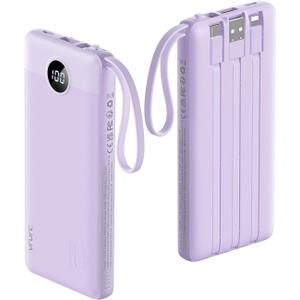 VRURC Portable Charger Power Bank, 10000mAh Travel Essentials Battery Pack, 5 Outputs 2 Inputs Slim Charging Bank Built-in Cables Cords Wires Compatible with iPhone, Samsung, Android-Lavender (1 Pack)