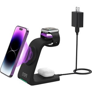 Magnetic Wireless Charging Station, 3 in 1 Wireless Charging Stand, Fast Mag-Safe Wireless Charger Compatible with iPhone 14/ 13/ 12, Apple Watch, AirPods Pro/ 3/ 2 (Cable and Wall Charger Included)