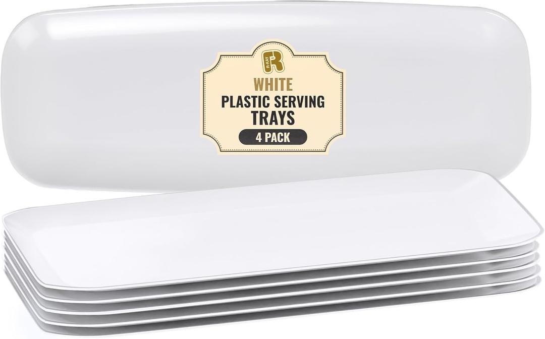 R-kay 4 Pack White Plastic Serving Trays for Party - White Serving Tray 17 by 6.5 in - Rectangular Heavy Duty Dessert Trays for Food