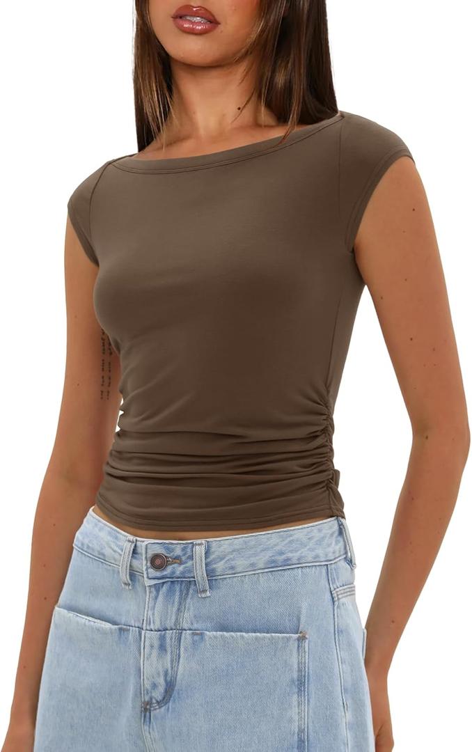 Darong Women's Summer Boat Neck Tops Cap Sleeve Slim Fitted Modal Basic Tee Trendy Casual Shirts (XS)