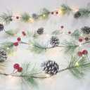 Snowy Christmas Garland with Lights 6.56FT Smokey Pine Garlands Wreath 20 LED Warm Lights Battery Operated with Timer Pine Cones Garland Decor for Christmas Tree Home Mantle Stairs Door Decorations