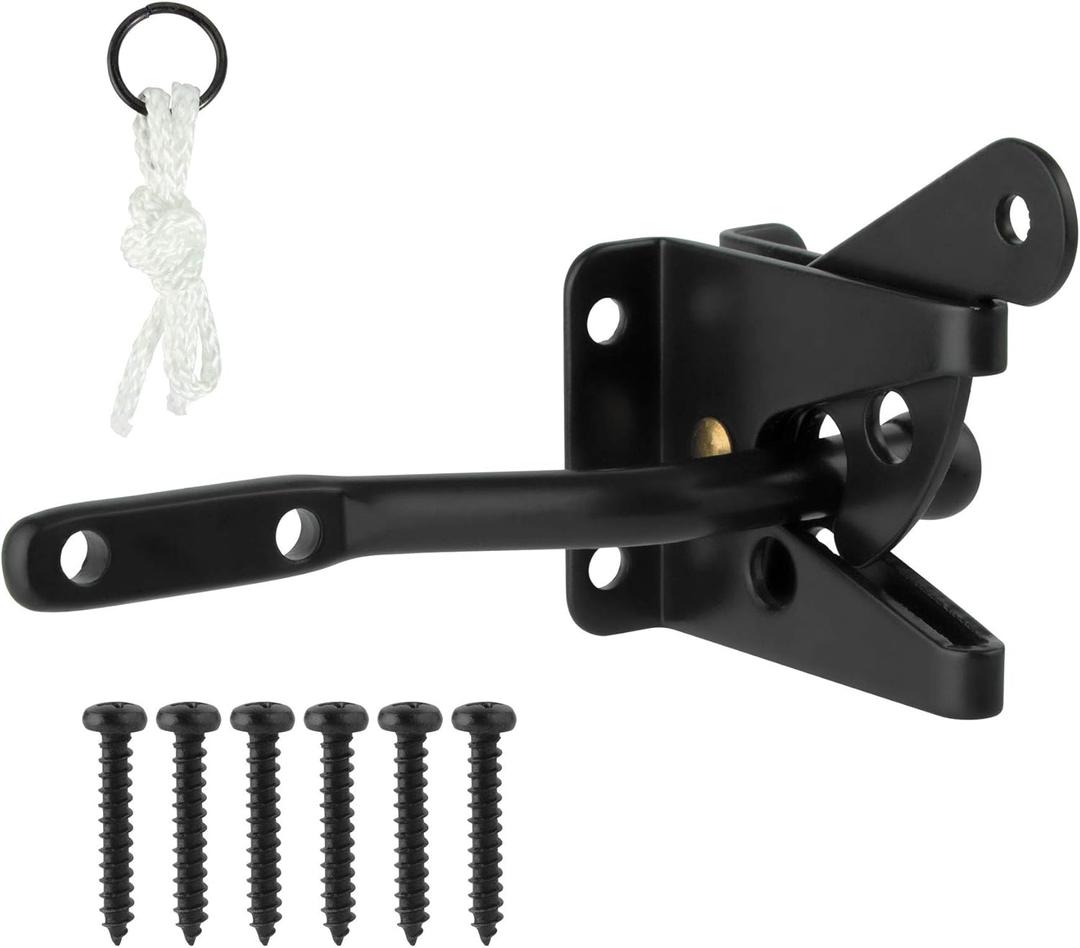 HILLMASTER Upgrade Self-Locking Gate Latch for Wooden Fence Heavy Duty, Automatic Gravity Lever Door Latches with Longer Fasteners & Pull String for Secure Pool, Garden, Black Finish/4.7in (1 Pack)