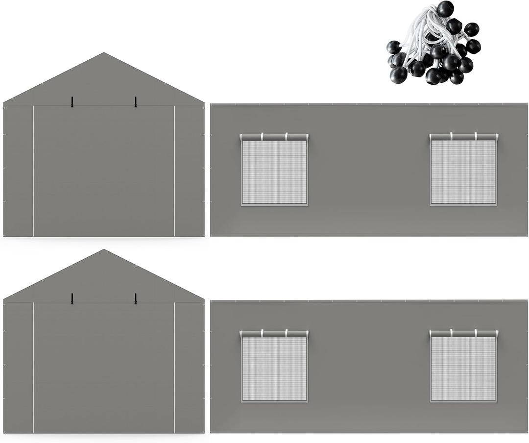 2 Pack Carport Canopy Replacement Sidewalls with Roll-up Windows, 2 Pack Zipper Doors for 12x20FT, Waterproof & UV Protected, Easy Assembly with Ball Bungees, Grey (Frame and Top Cover Not Included)
