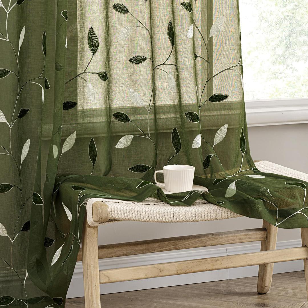 MIULEE Olive Green Sheer Curtains 2 Panels Embroidered Leaf Patterned Rod Pocket Floral Semi Faux Linen Window Curtains Drapes Set for Living Room Bedroom Dining Room, 52x63 Inches Long