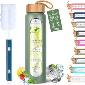 Aqulea Glass Water Bottles 32 Oz with Silicone Sleeve - BPA Free Reusable Wide Mouth Glass Motivational Water Bottles with Fruit Infuser  Leak Proof Borosilicate Water Bottle with Time Marker (Green)