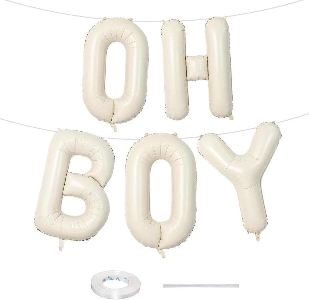 Large Beige Oh Boy Balloons, 40 Inch Cream White Sand OH BOY Balloon Letters with Ribbon, Neutral Ivory Alphabet Oh Boy Balloon for Baby Kid Boys Birthday Baby Shower Gender Reveal Party Decorations