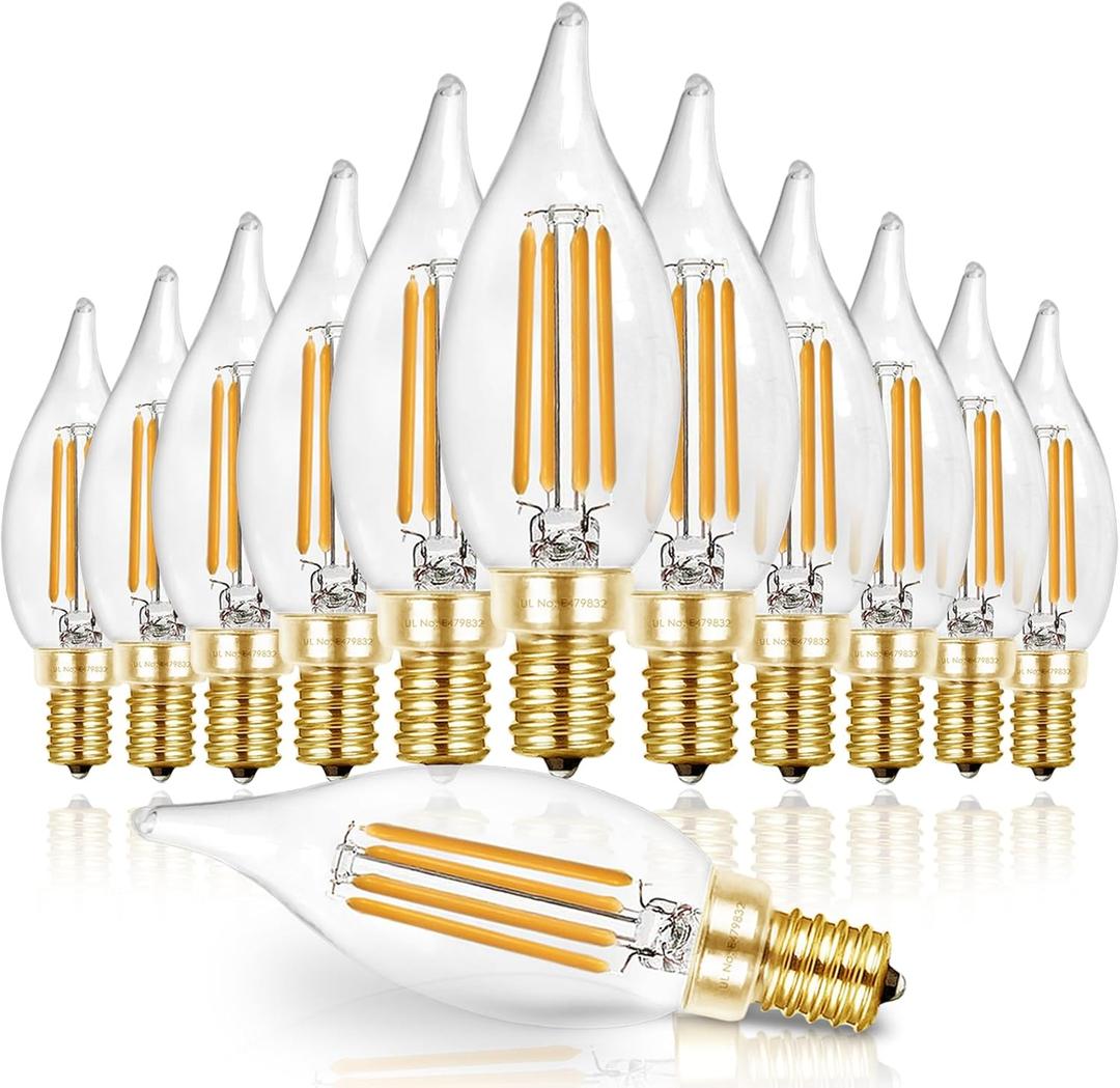 Hizashi LED Candelabra Bulbs 60 watt Equivalent 2700K Soft Warm White, Dimmable Chandelier Light Bulbs, 90+ CRI 6W 550LM, CA11 Flame Tip E12 LED Candle Bulb, UL Listed - 12 Pack