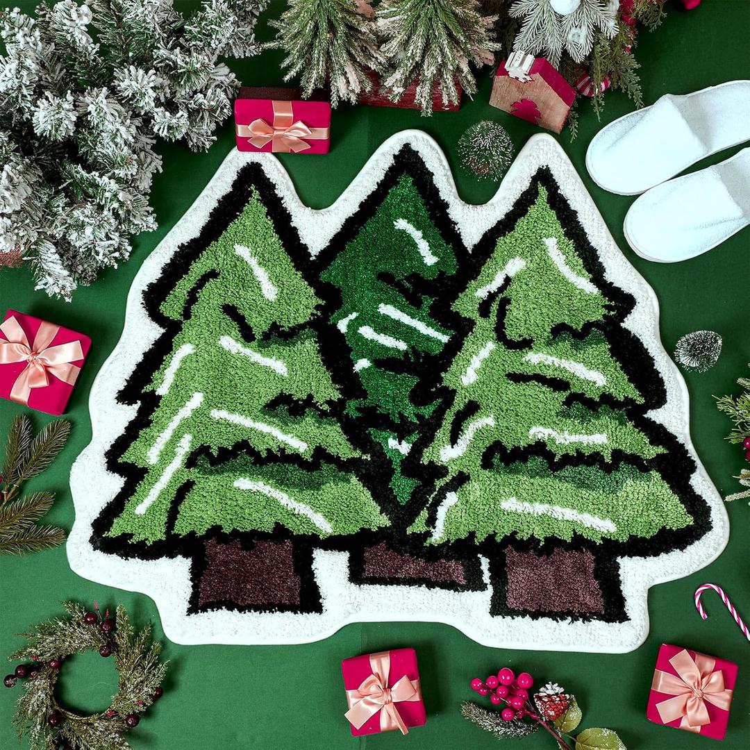 Tinideya Winter Bathroom Mat 32 x 24 Inches Green Pine Tree Rugs for Bathroom Living Room Extra Soft Absorbent Washable Non Slip Shower Mat for Home Christmas Winter Holiday Decor