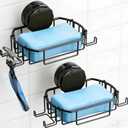 2 Pcs Suction Cup Adhesive Soap Holder Dish with Hooks, Black Stainless Steel Rustproof Shampoo Bar Holder Tray Self Drain, Morden Bathroom, Drill Free