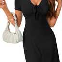 Rooscier Women's Ruched Lace Up Ruffle A Line Deep V Neck Short Sleeve Sexy Mini Dress (Black, S)
