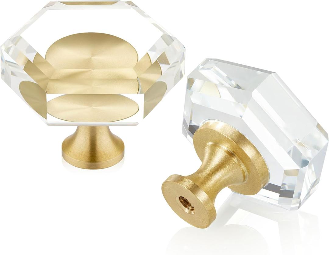 QOGRISUN 2-Pack Brass Crystal Cabinet Knobs,Glass Crystal Gold Drawer Knobs,1-5/16-Inch Hexagon,Decorative Dresser Pulls, Modern Cabinet Hardware