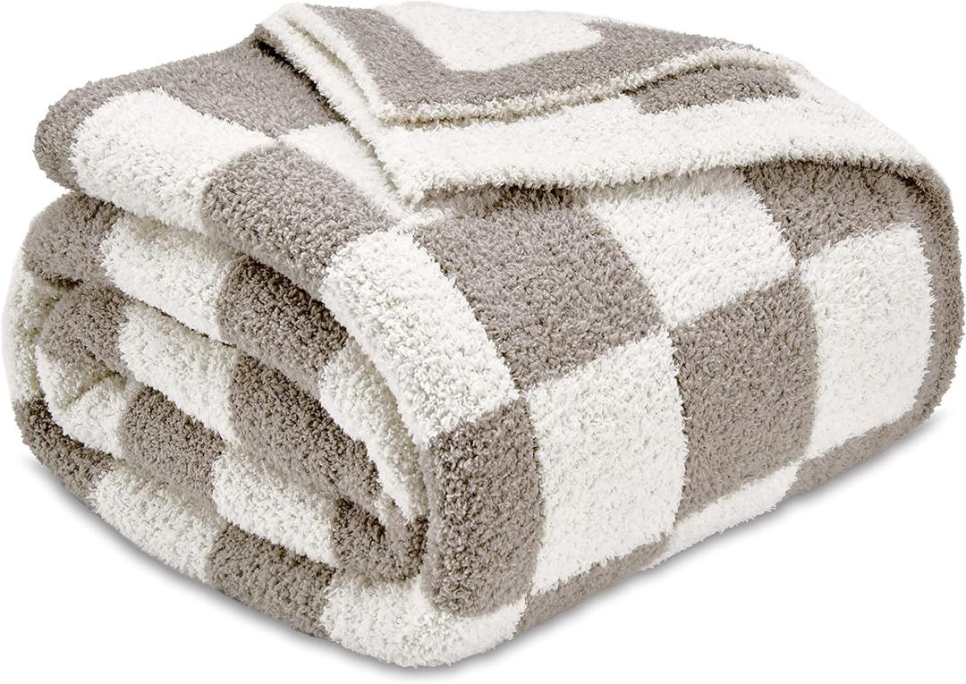 CozeCube Super Soft Fullfy Microfiber Reversible Knitted Blankets, Warm Cozy Fuzzy Plush Throw, Grey and White Checkered Throw Blanket for Couch Bed Sofa, 50" x 60"