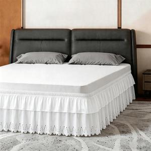 Queen Bed Skirt, Double-Layered Ruffled Eyelet Bed Skirt, Wrap-Around Elastic Dust Ruffle Queen Size with Gathered Styling and Embroidered Details, 14" Drop Length (White)