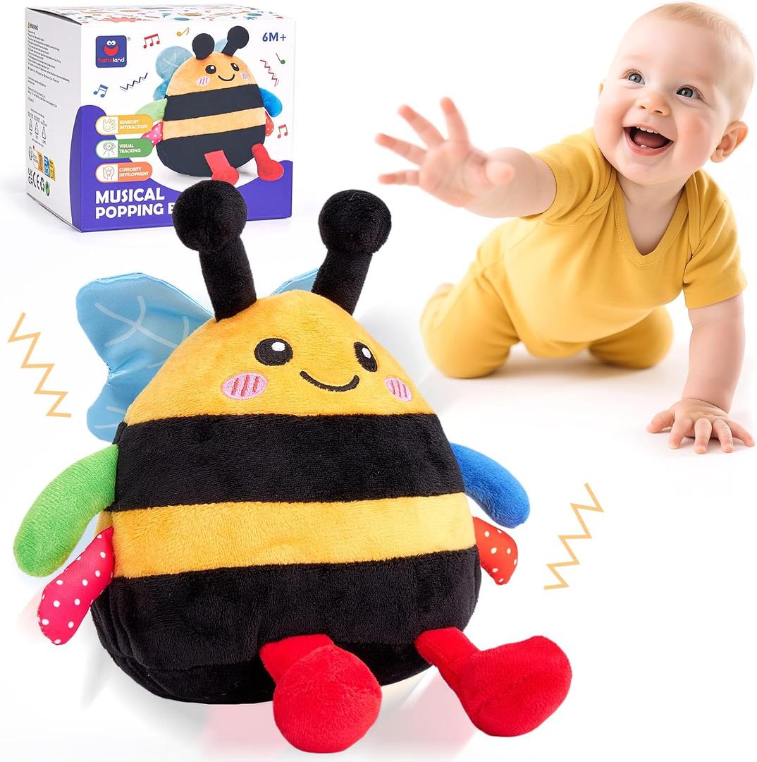 hahaland Tummy Time Bouncing Bee Toy for 6-12 Month, Musical Dancing Plush Bee Baby Toys 9 Month Old, Vibrating & Buzzing Bee Toy Gifts for 1 Year Old Boy & Girl