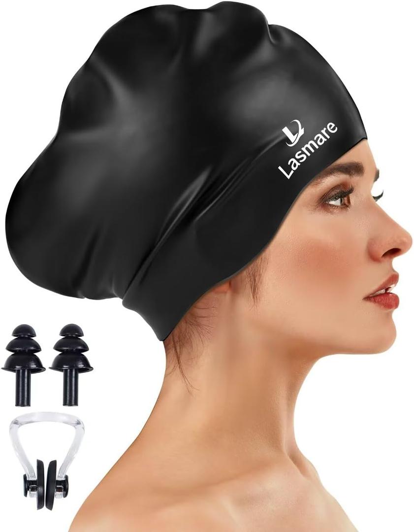 Large Long Hair Swim Cap with Extra Room for Women Men, Silicone Swimming Cap for Long Thick Hair with Ear Plugs Nose Clip Set, Adult Waterproof Swim Hats Bathing Caps to Keep Hair Dry (Black)