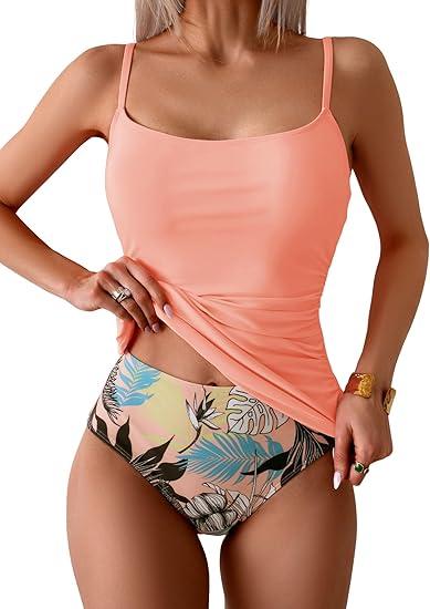 Eomenie Women's Swimsuit Tankini Tummy Control Bathing Suits Two Piece Full Coverage Slim Swim Suits with High Waisted Bottom,M